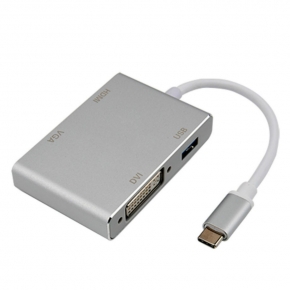 KCUAP034 4 in 1 USB Type C to HDMI+VGA+DVI+USB3.0 Converter Aluminum Case